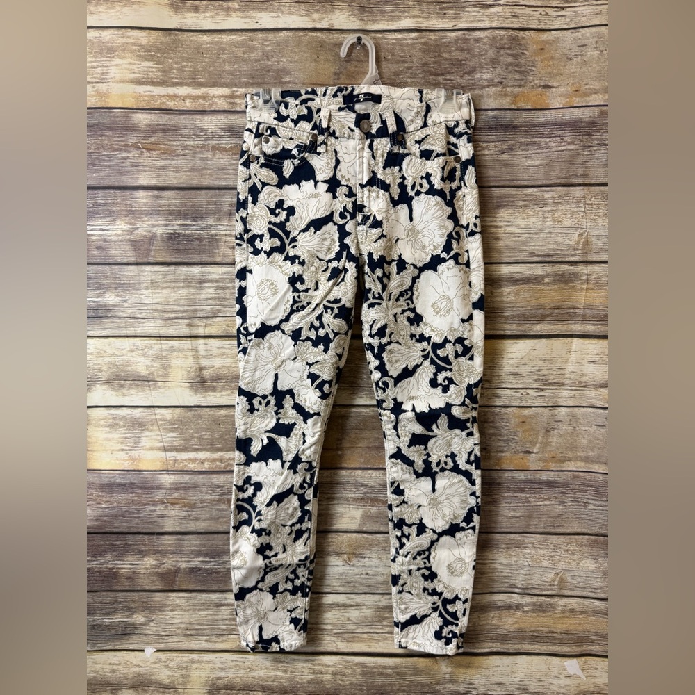 7 For All Mankind Jeans Skinny 24 Navy Blue Floral Drawing Ivory Printed Stretch - Picture 3 of 6
